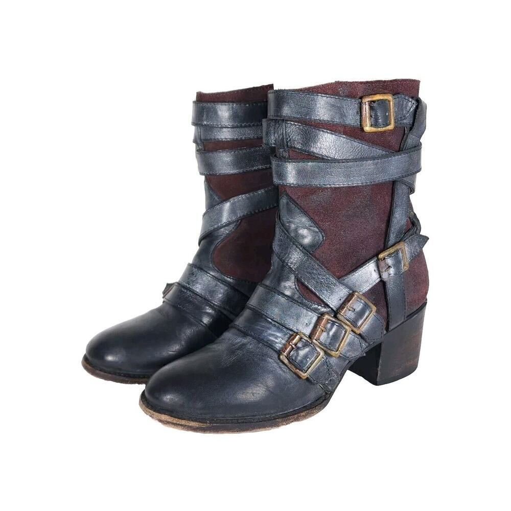 Freebird By Steven Women’s Colt US9 Black Leather Distressd Strappy Biker Boots